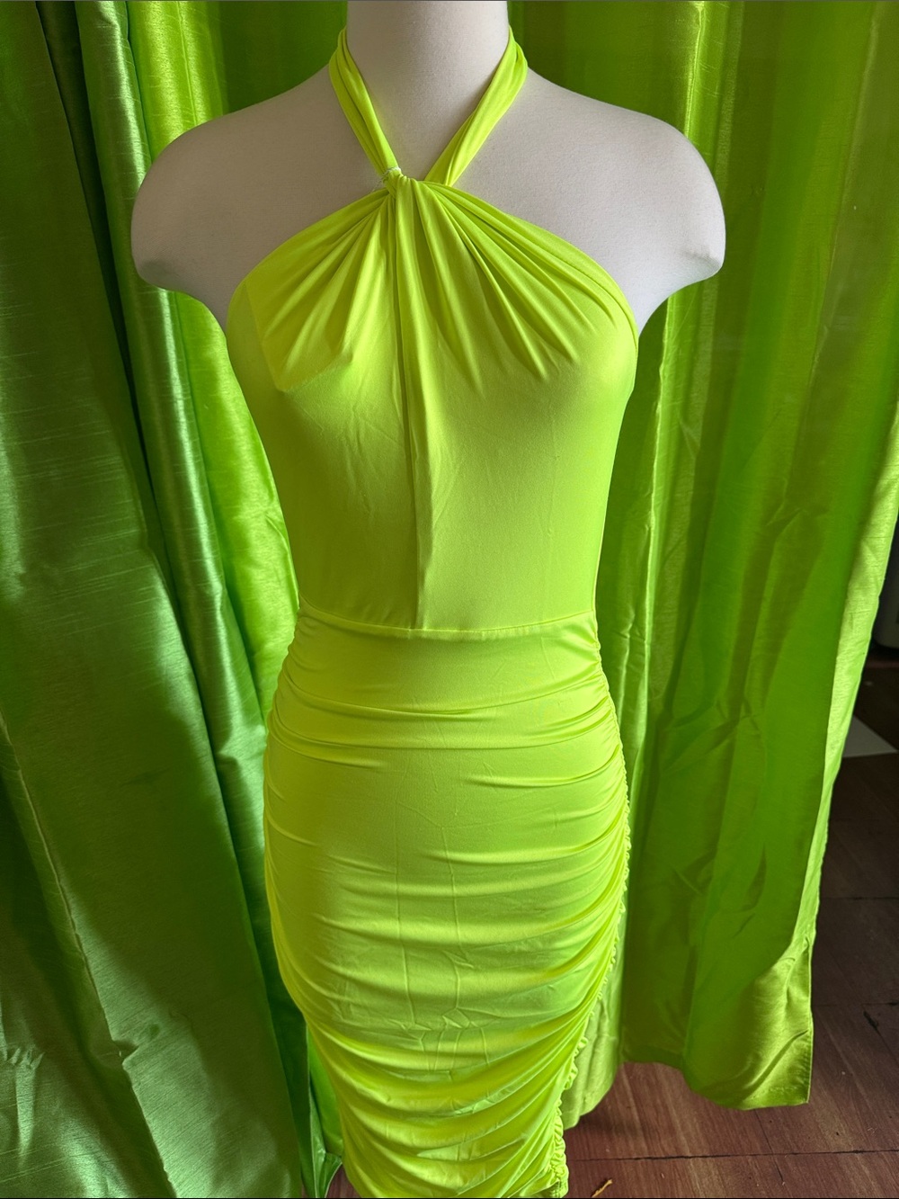 Neon Lime Halter Ruched Bodycon Dress - Women